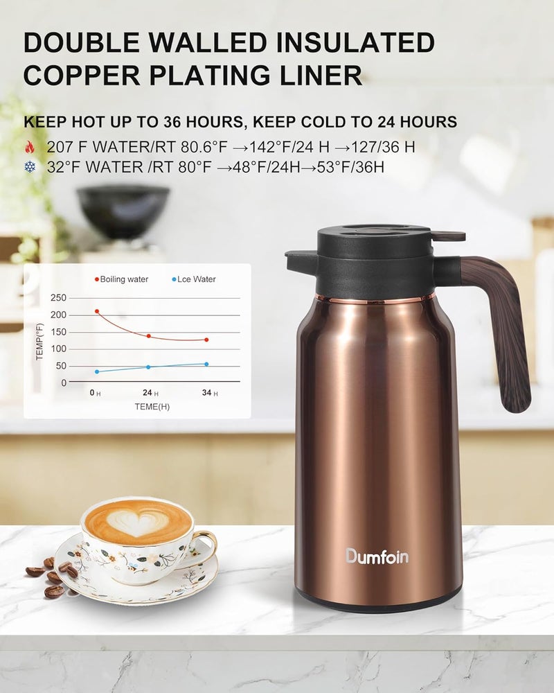 Dumfoin Carafes for Hot Liquids 70 oz - 12 Hour Stainless Steel Thermal Coffee Carafe-Insulated Coffee Carafes For Keeping Hot/Cold Coffee, Tea, Water, Drink Dispenser for Parties(2 gold) - Image 5